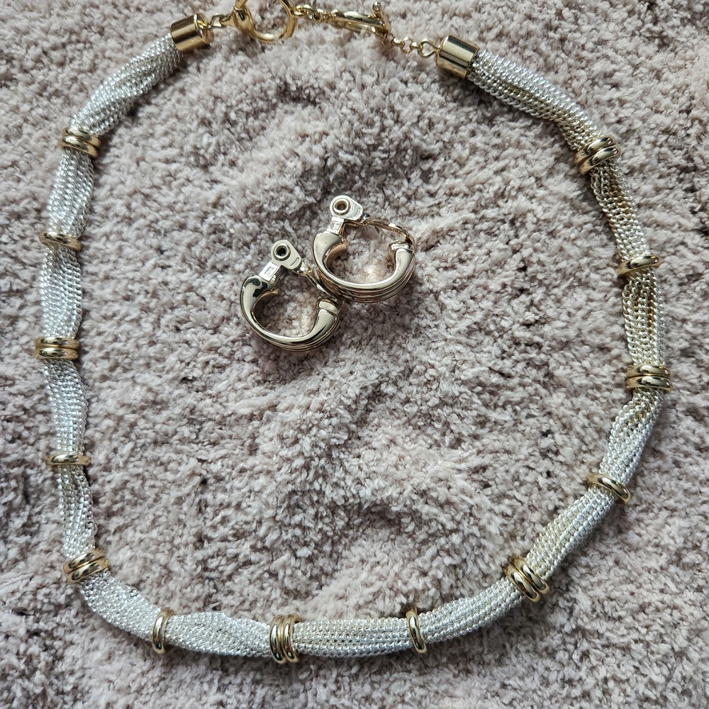 Gold & Silver Two-Tone Mesh Necklace and Hoop Earrings Set